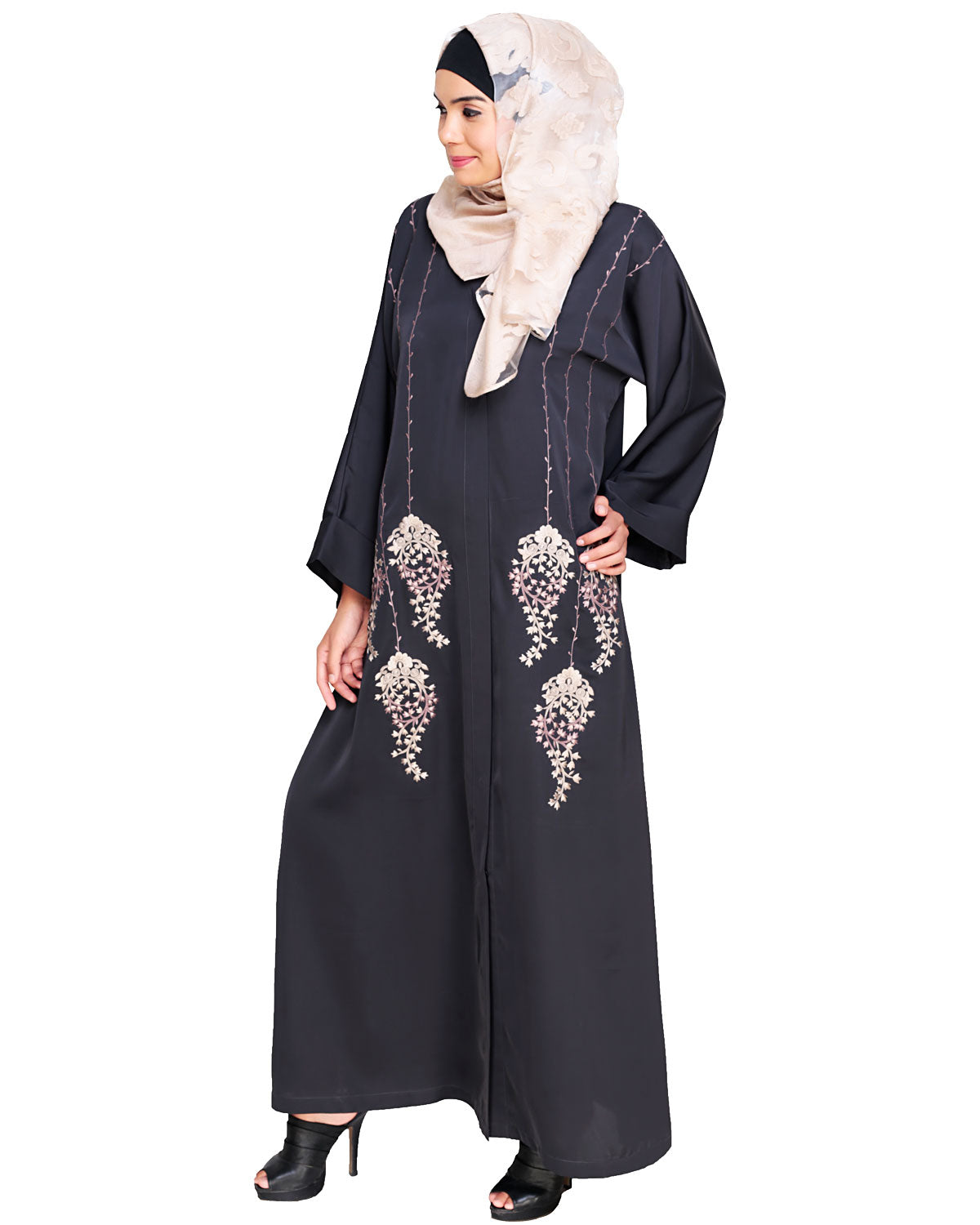 Floral Pendant Dubai Style Abaya Grey