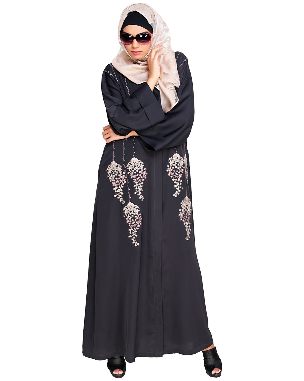 Floral Pendant Dubai Style Abaya Grey