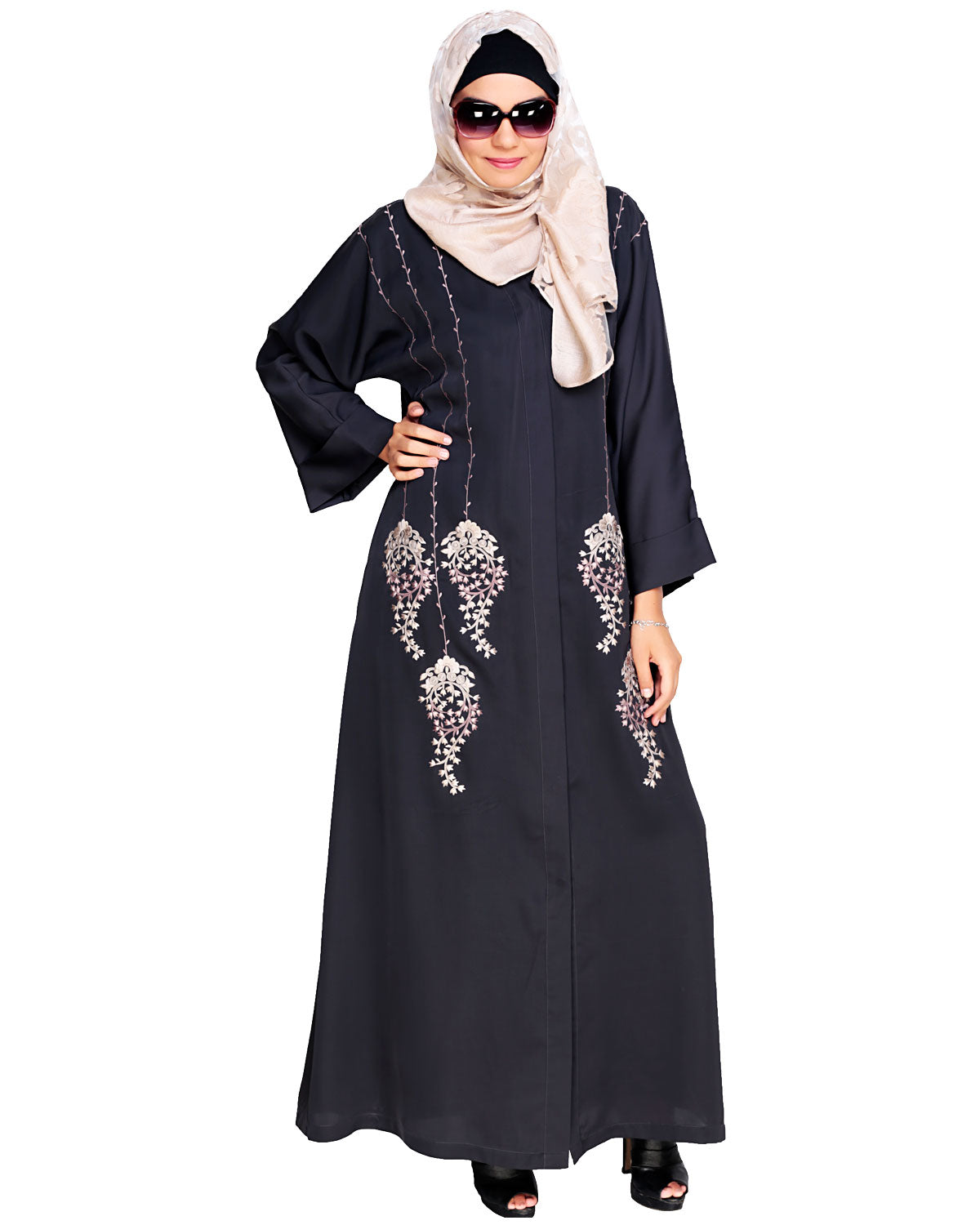 Floral Pendant Dubai Style Abaya Grey