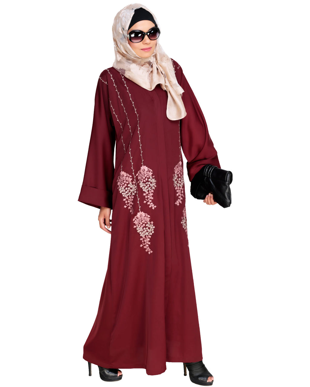 Floral Pendant Dubai Style Abaya Wine