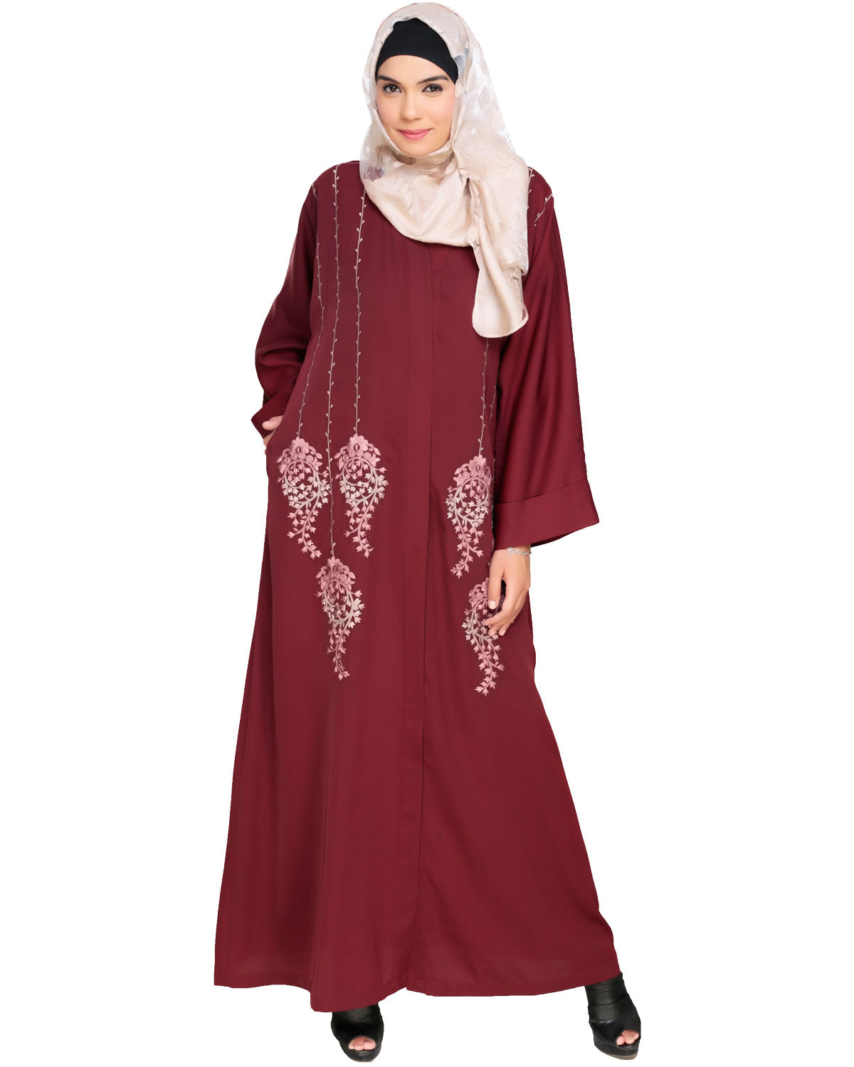 Floral Pendant Dubai Style Abaya Wine