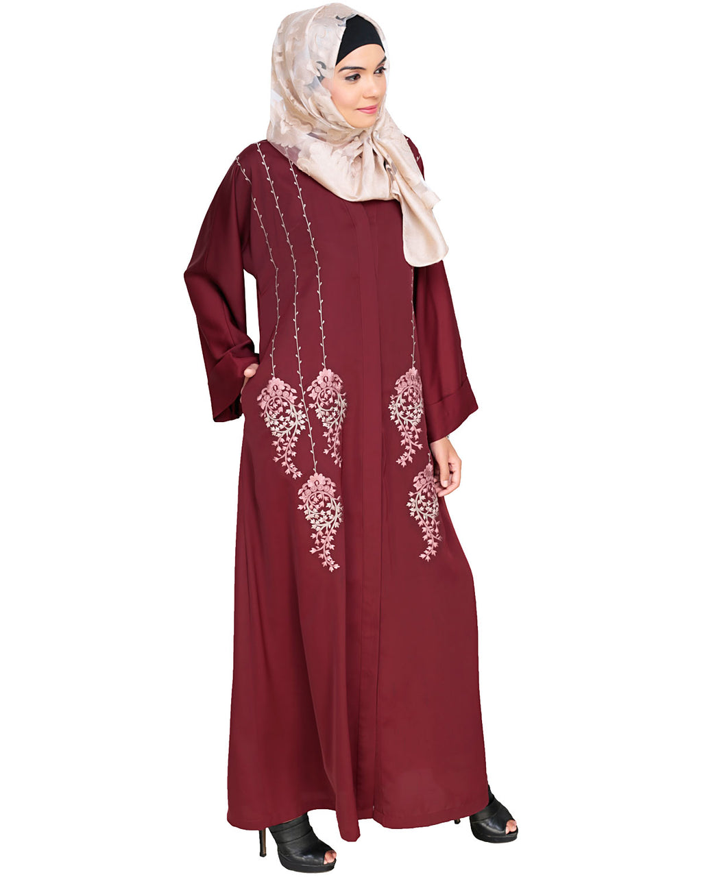 Floral Pendant Dubai Style Abaya Wine