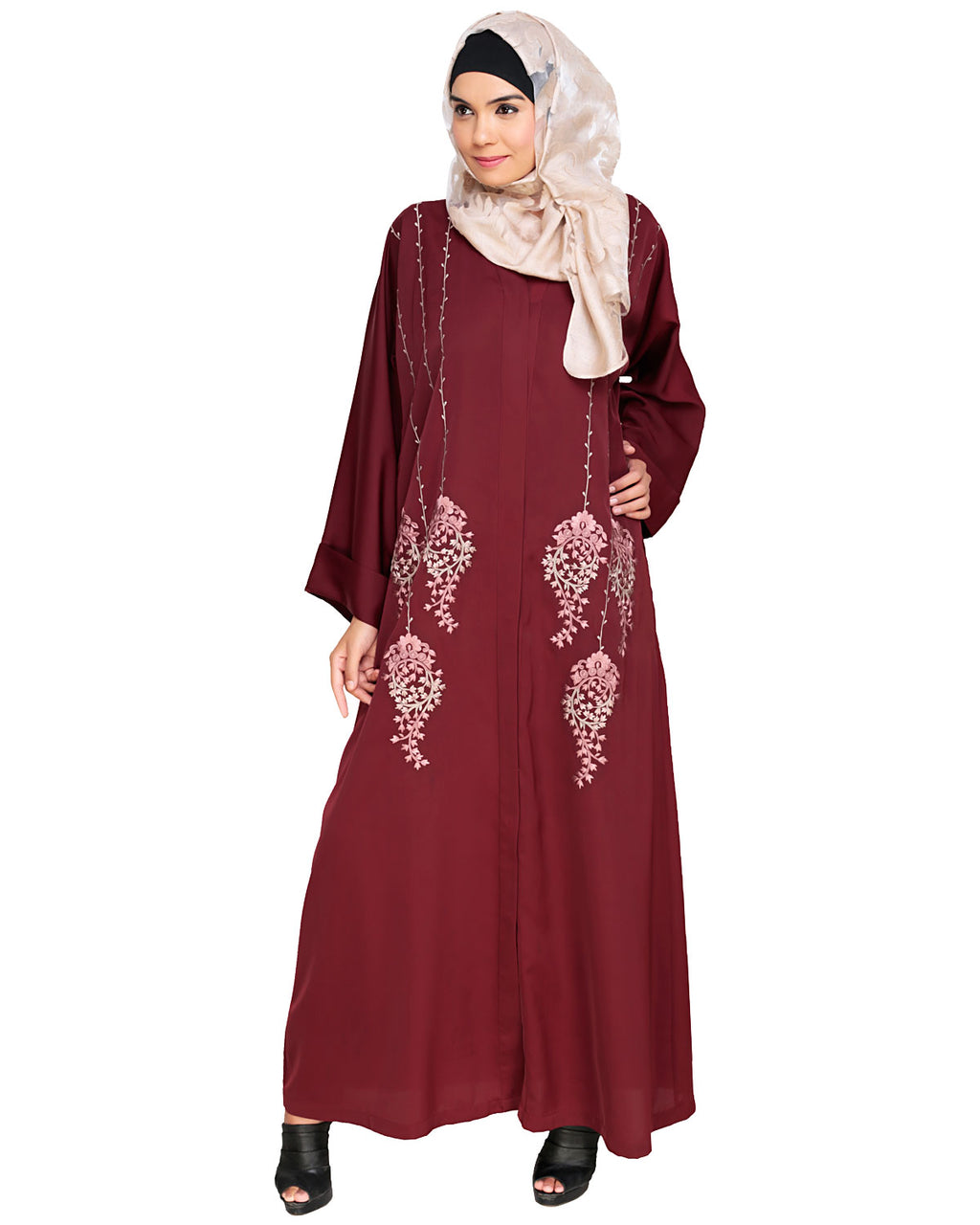 Floral Pendant Dubai Style Abaya Wine