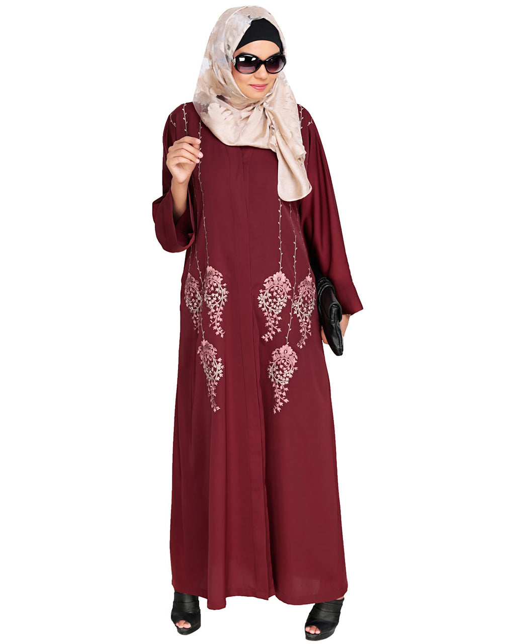 Floral Pendant Dubai Style Abaya Wine