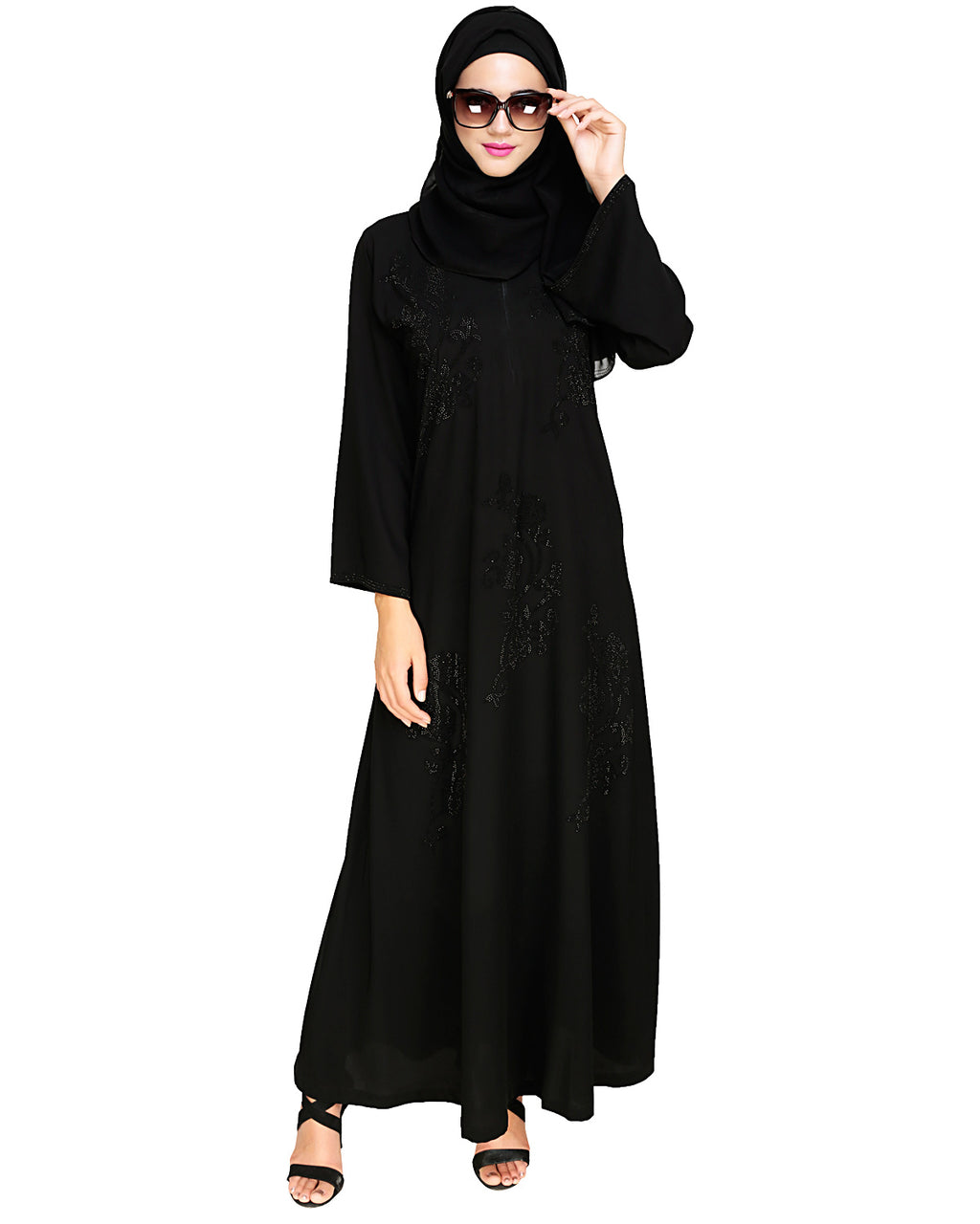 Exquisite Stone Work Sophisticated Black Dubai Style Abaya Black