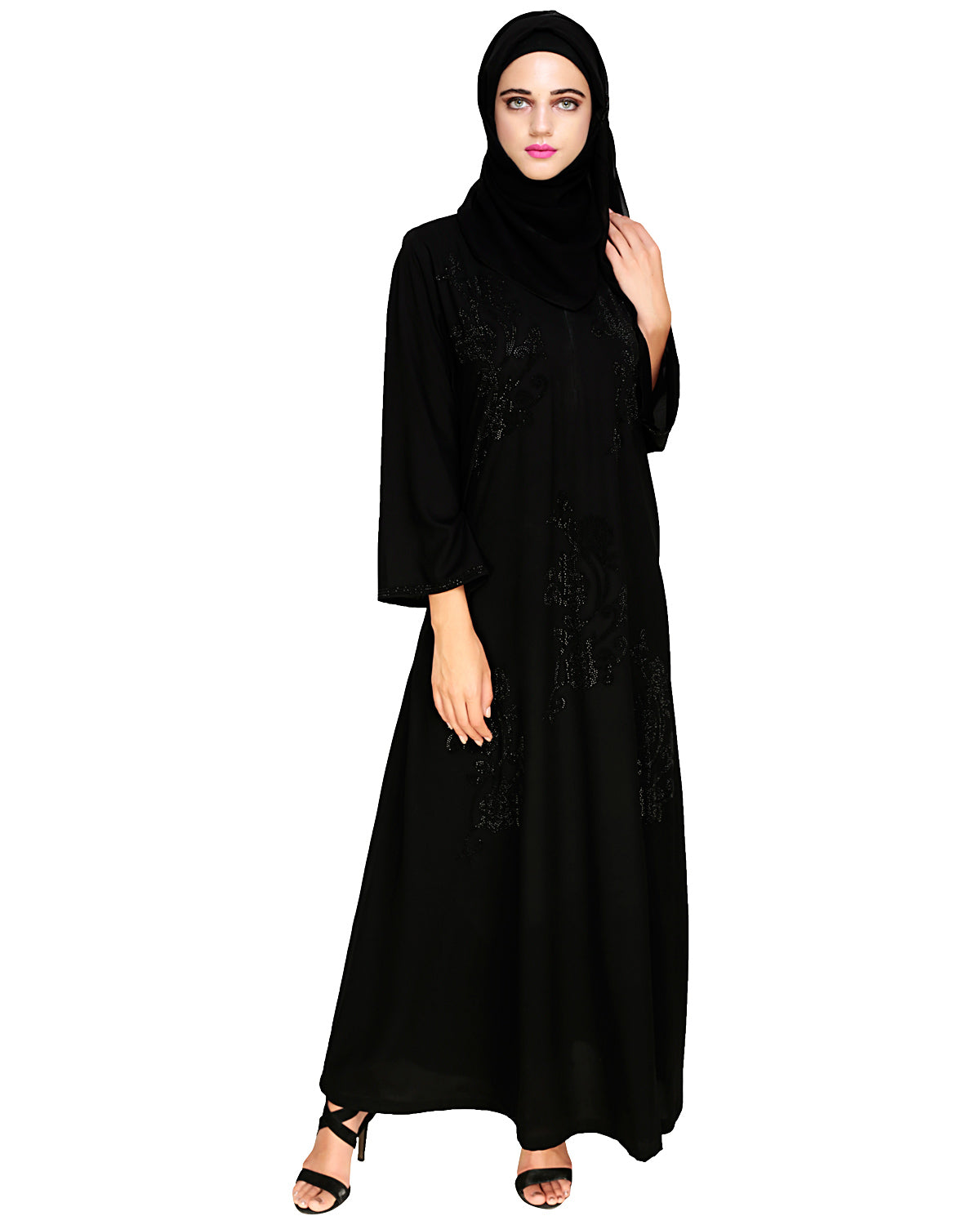 Exquisite Stone Work Sophisticated Black Dubai Style Abaya Black