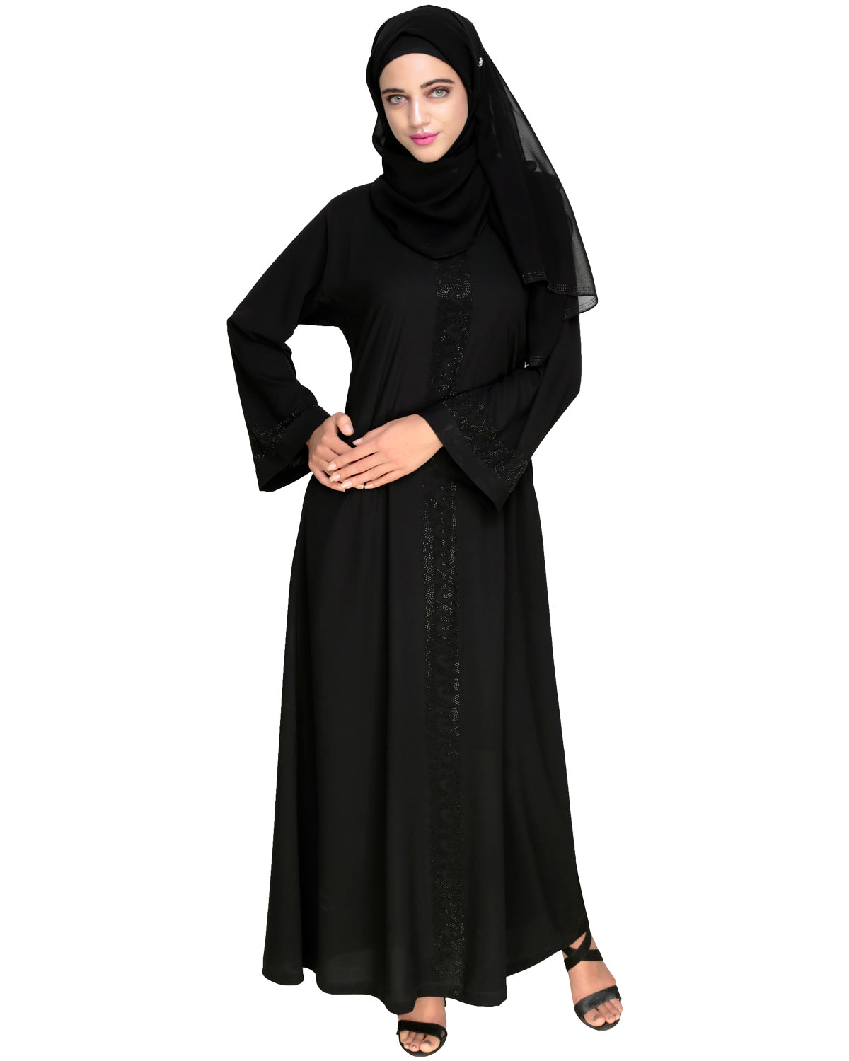 Exquisite Stone Work Classy Black Dubai Style Abaya Black