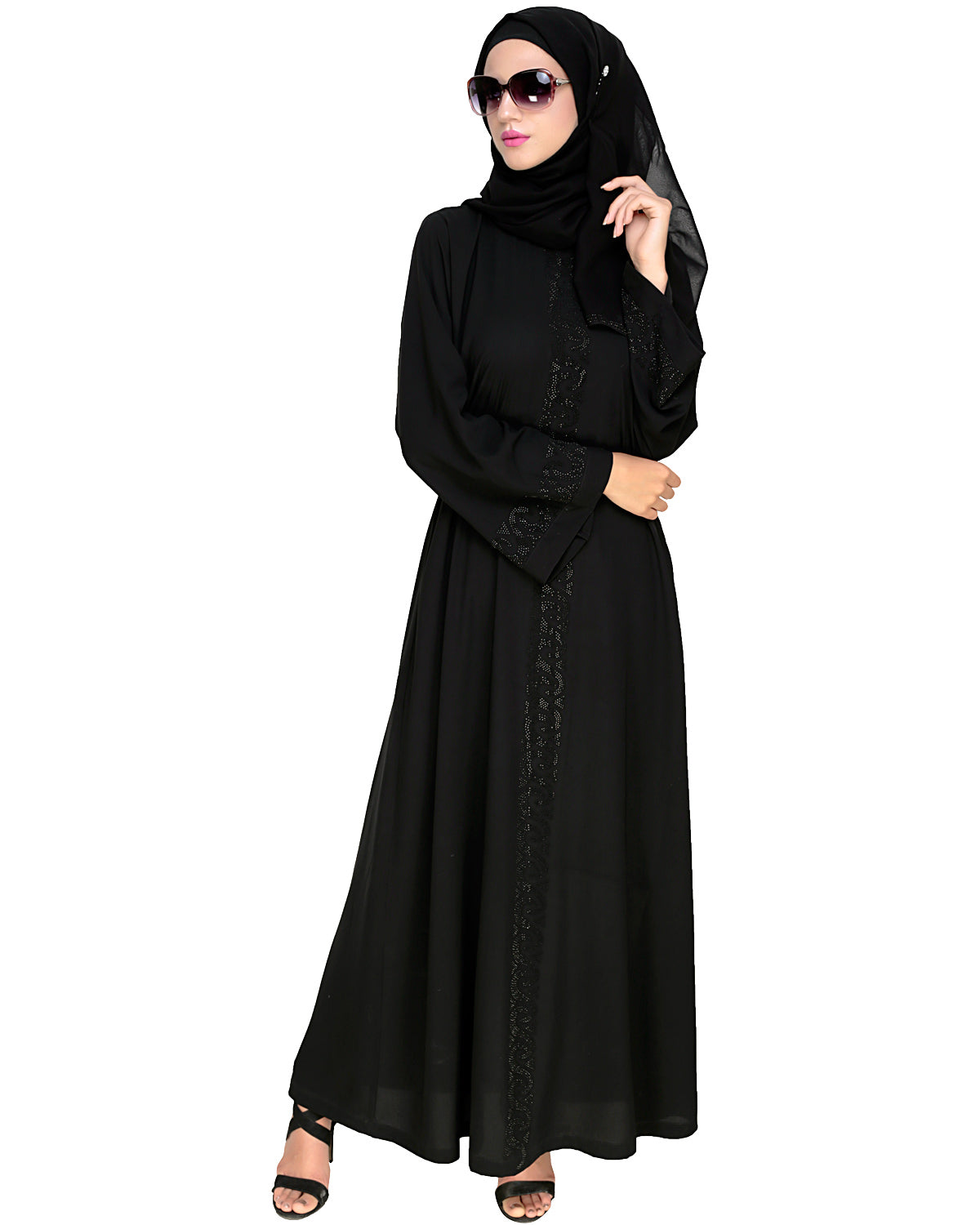 Exquisite Stone Work Classy Black Dubai Style Abaya Black