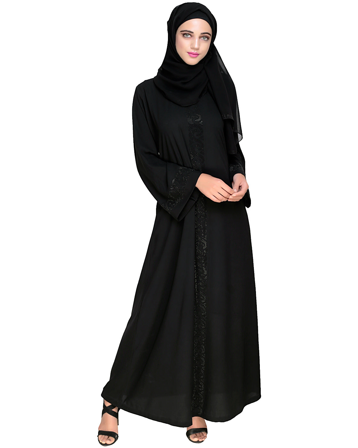 Exquisite Stone Work Classy Black Dubai Style Abaya Black