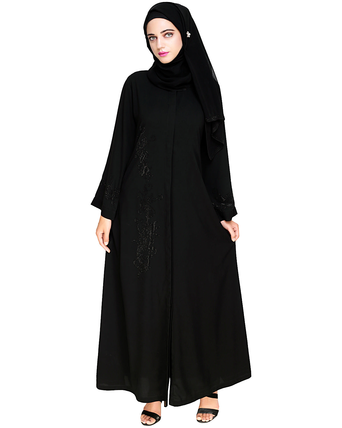 Exquisite Stone Work Dainty Black Dubai Style Abaya Black
