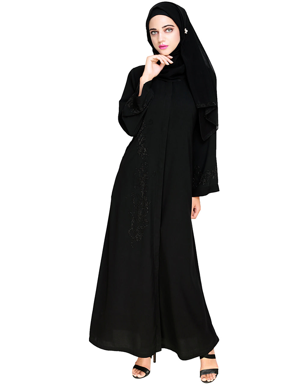 Exquisite Stone Work Dainty Black Dubai Style Abaya Black