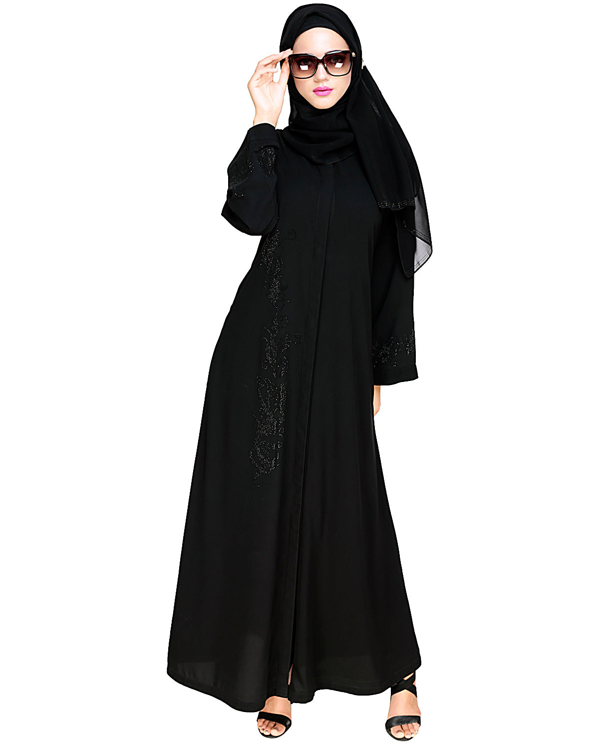 Exquisite Stone Work Dainty Black Dubai Style Abaya Black
