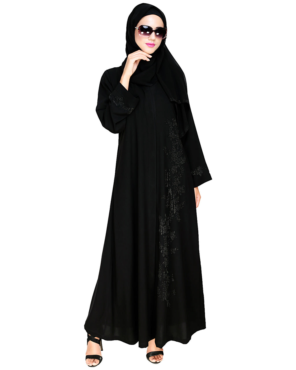 Exquisite Stone Work Classic Black Dubai Style Abaya Black