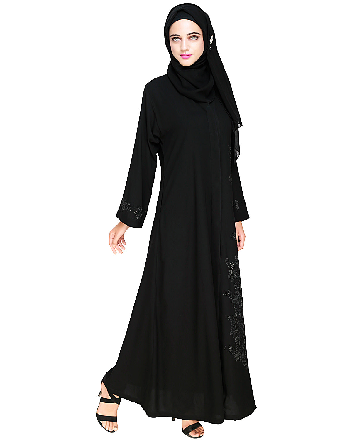 Exquisite Stone Work Classic Black Dubai Style Abaya Black