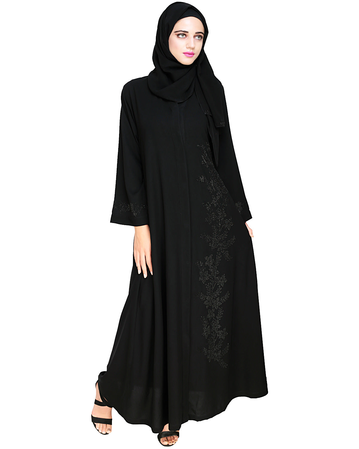 Exquisite Stone Work Classic Black Dubai Style Abaya Black