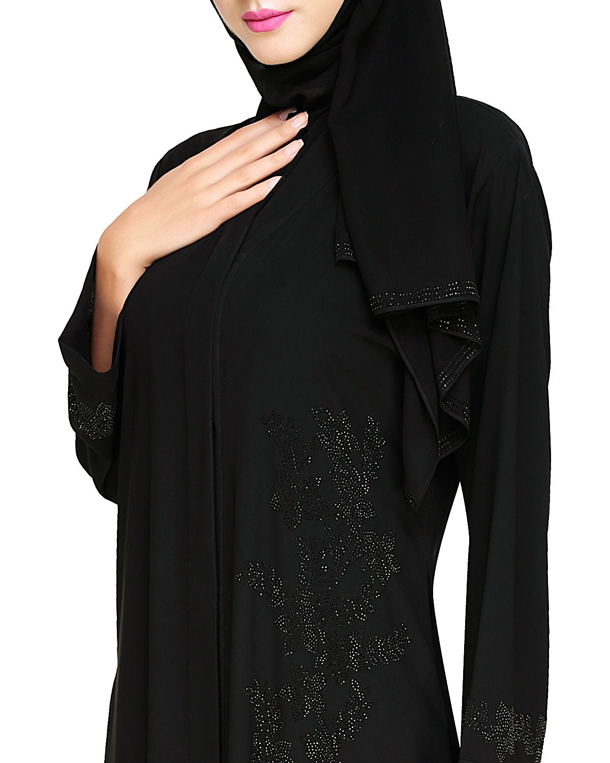 Exquisite Stone Work Classic Black Dubai Style Abaya Black