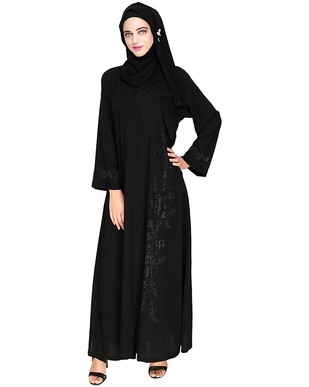 Exquisite Stone Work Classic Black Dubai Style Abaya Black
