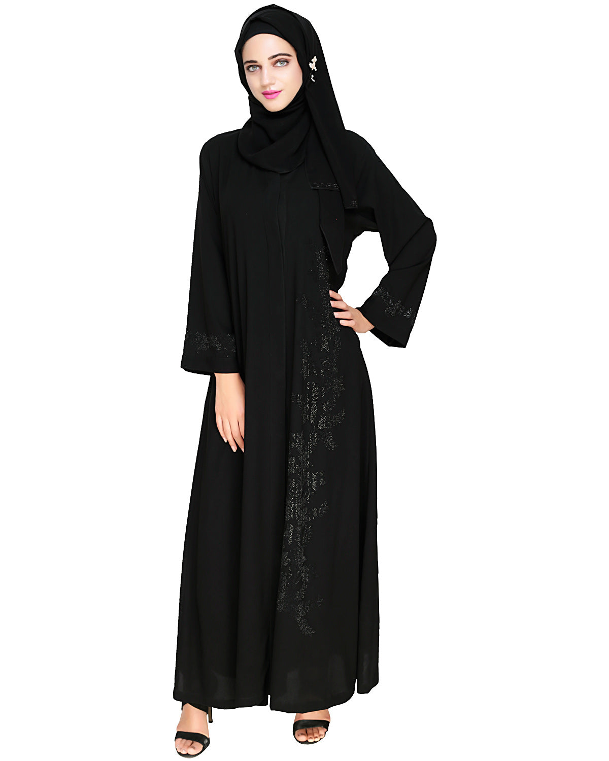 Exquisite Stone Work Classic Black Dubai Style Abaya Black