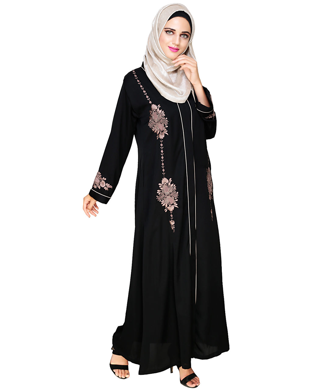 Appealing Floral Embroidery Dubai Style Abaya Black