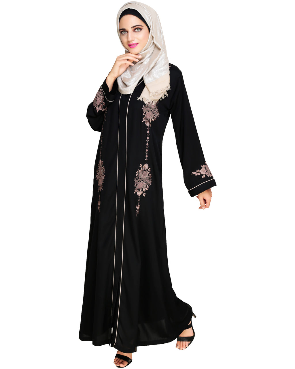Appealing Floral Embroidery Dubai Style Abaya Black