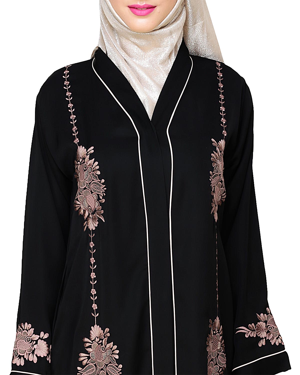 Appealing Floral Embroidery Dubai Style Abaya Black