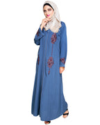 Appealing Floral Embroidery Dubai Style Abaya Blue