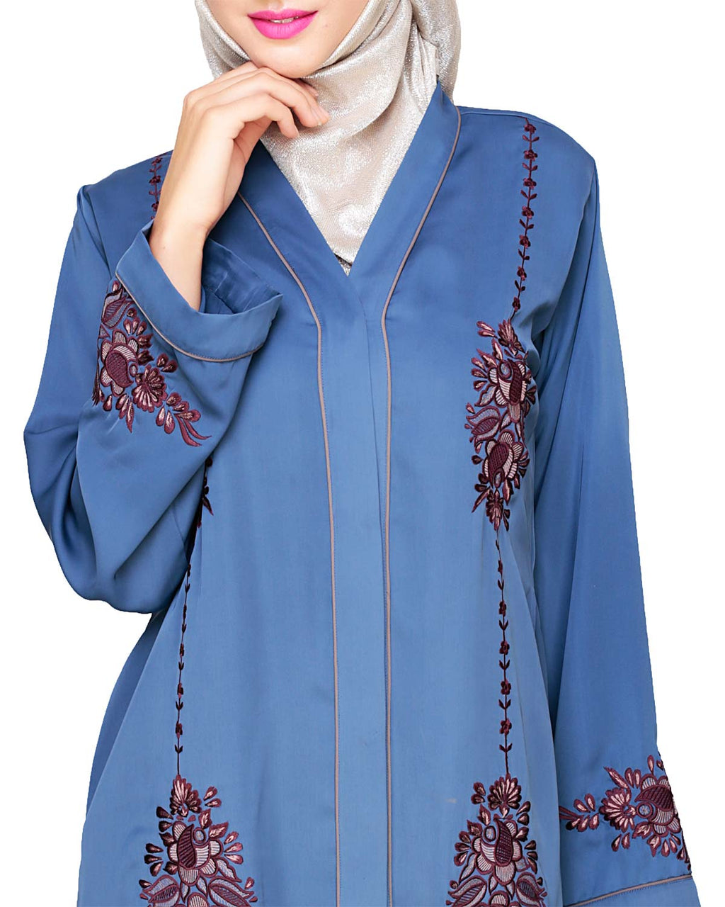 Appealing Floral Embroidery Dubai Style Abaya Blue