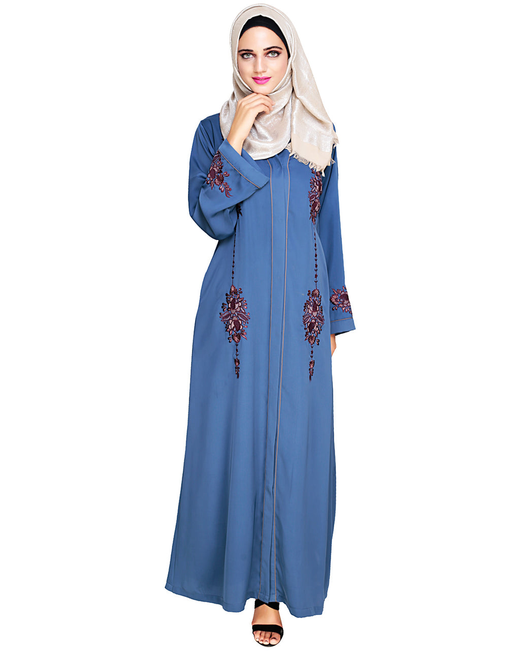 Appealing Floral Embroidery Dubai Style Abaya Blue