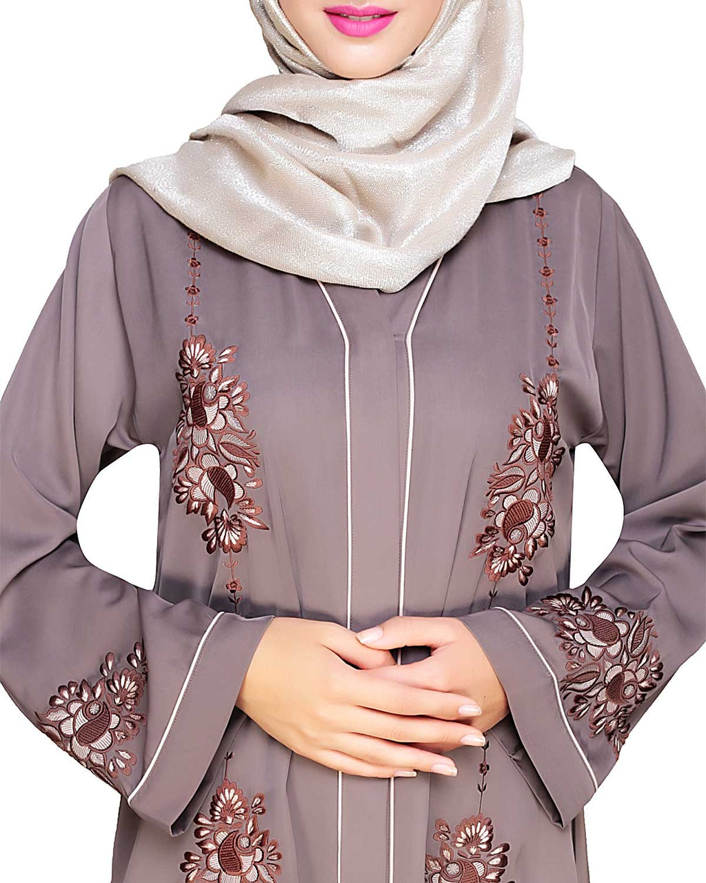 Appealing Floral Embroidery Dubai Style Abaya Brown