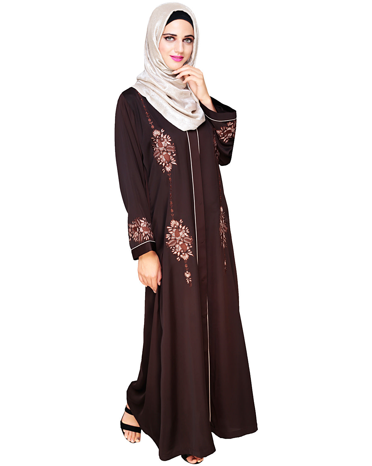 Appealing Floral Embroidery Dubai Style Abaya Dark Brown