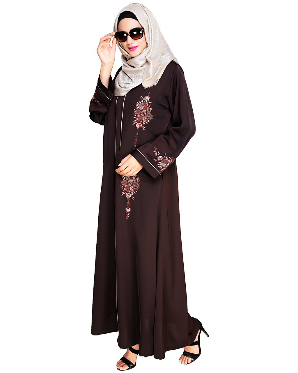 Appealing Floral Embroidery Dubai Style Abaya Dark Brown