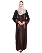 Appealing Floral Embroidery Dubai Style Abaya Dark Brown