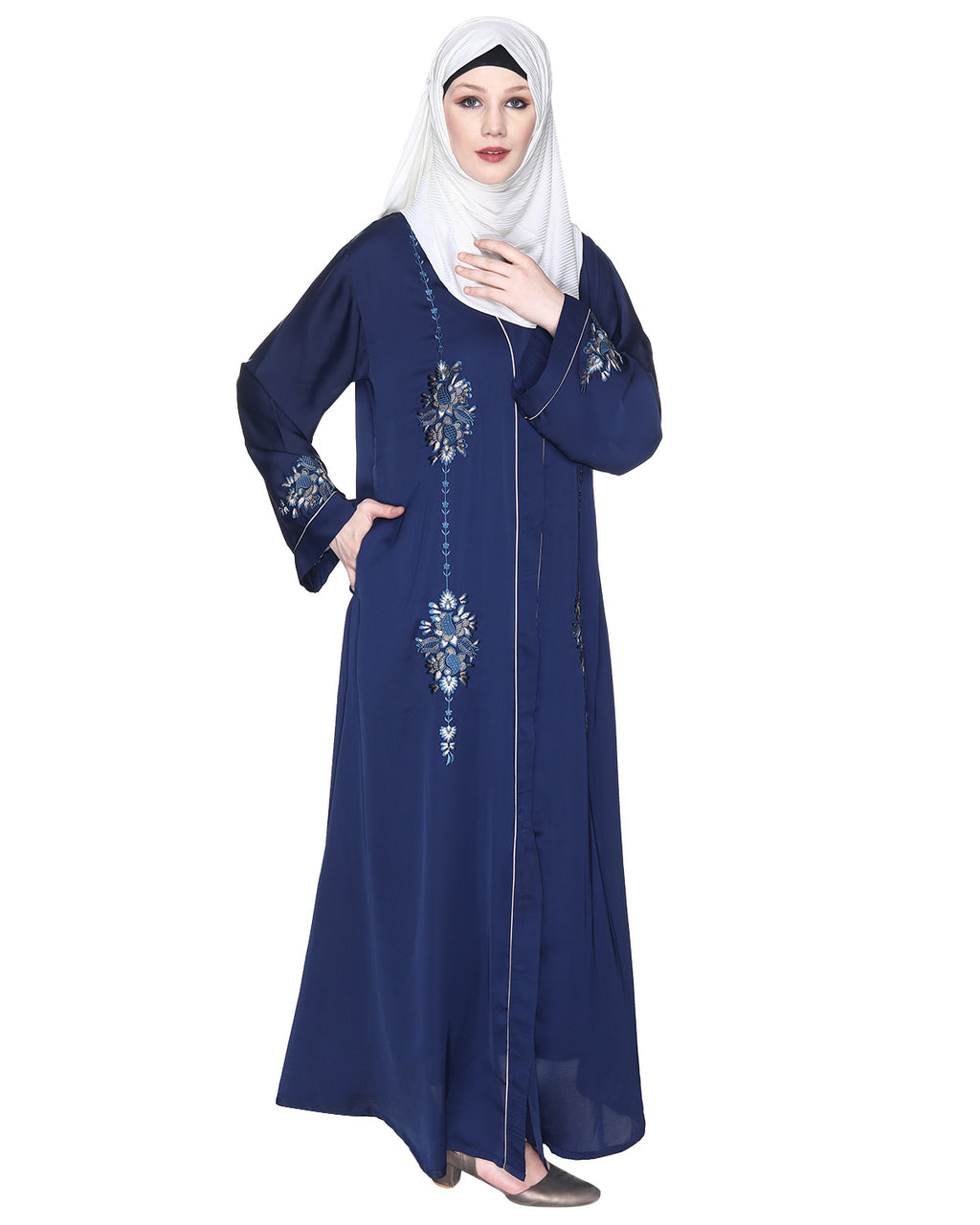 Appealing Floral Embroidery Dubai Style Abaya White