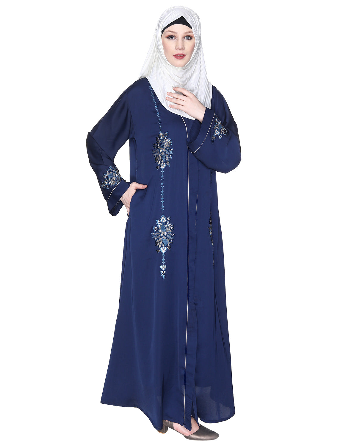 Appealing Floral Embroidery Dubai Style Abaya White