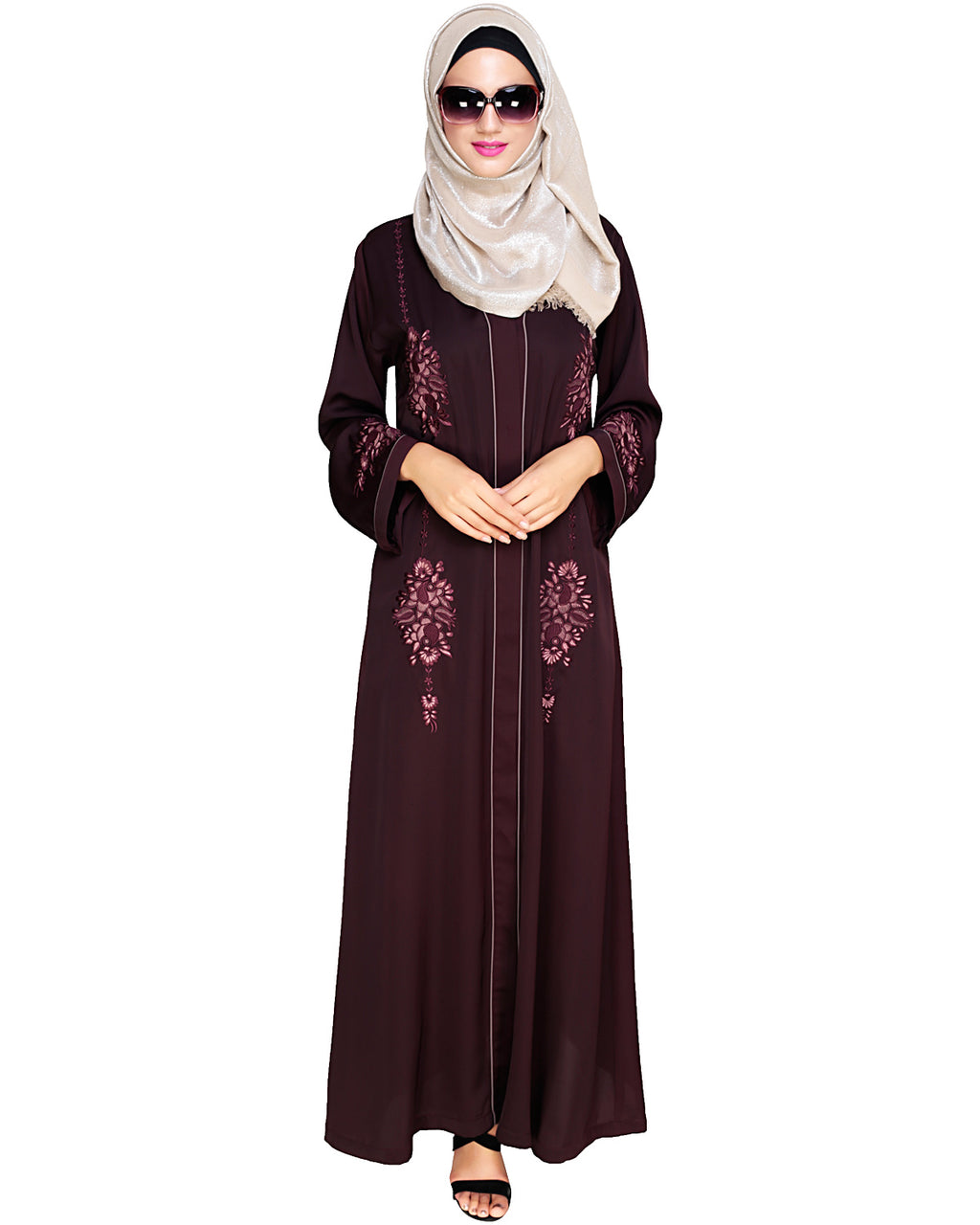Appealing Floral Embroidery Dubai Style Abaya Wine