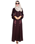 Appealing Floral Embroidery Dubai Style Abaya Wine