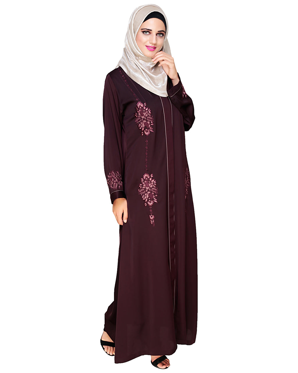 Appealing Floral Embroidery Dubai Style Abaya Wine