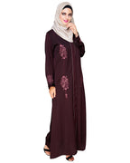 Appealing Floral Embroidery Dubai Style Abaya Wine