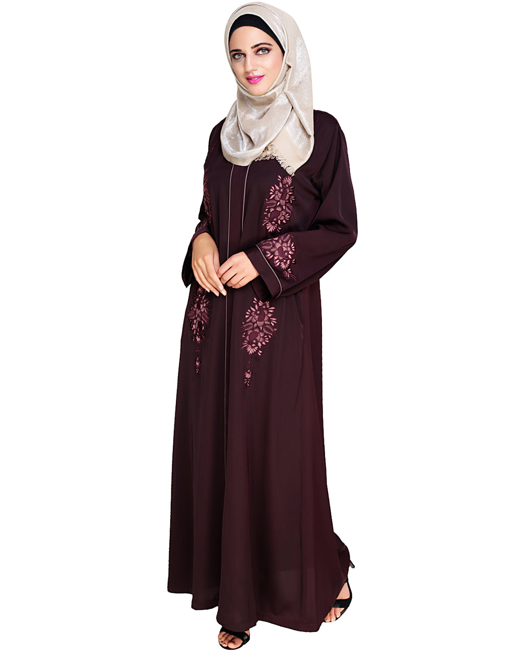 Appealing Floral Embroidery Dubai Style Abaya Wine