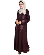 Appealing Floral Embroidery Dubai Style Abaya Wine