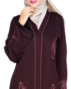 Appealing Floral Embroidery Dubai Style Abaya Wine
