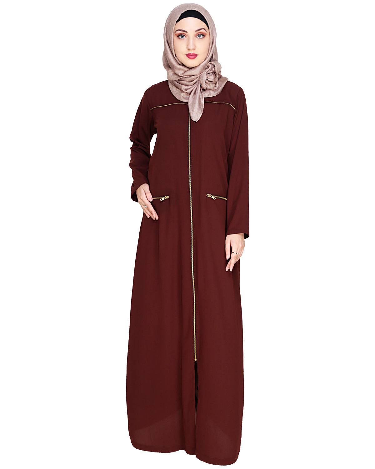 Metallic Zip Abaya Brown