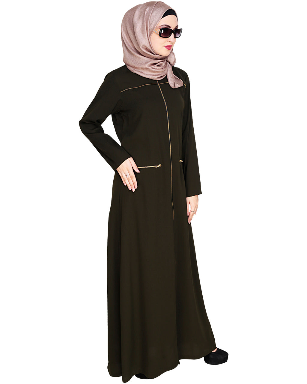 Metallic Zip Abaya Olive