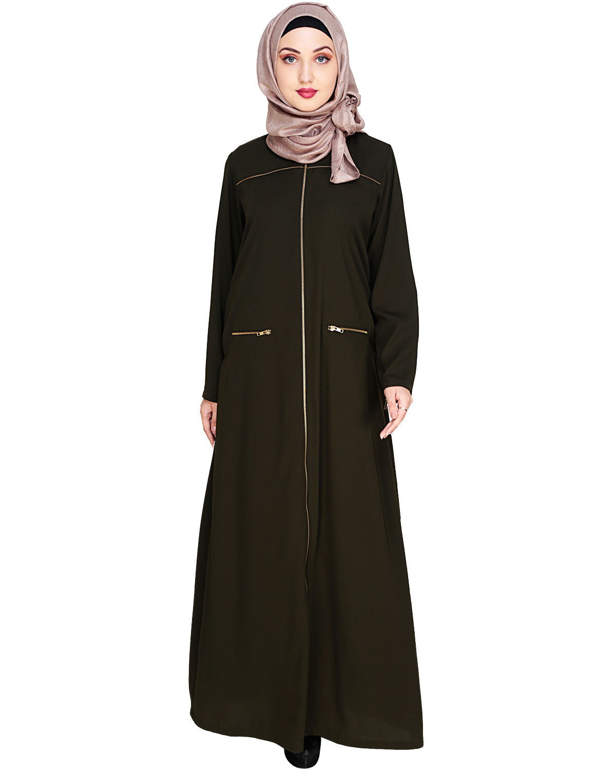 Metallic Zip Abaya Olive