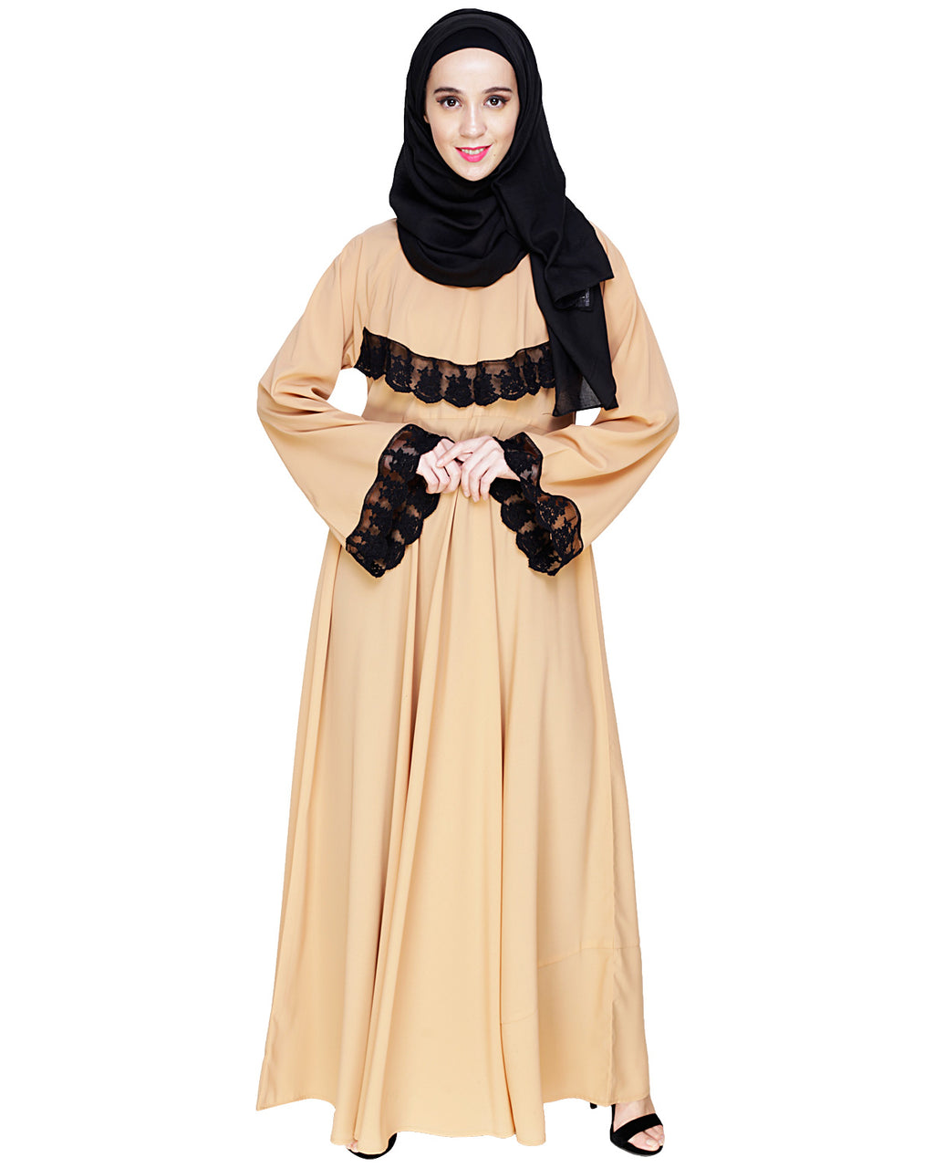 Flouncy Laced Abaya Dark Beige