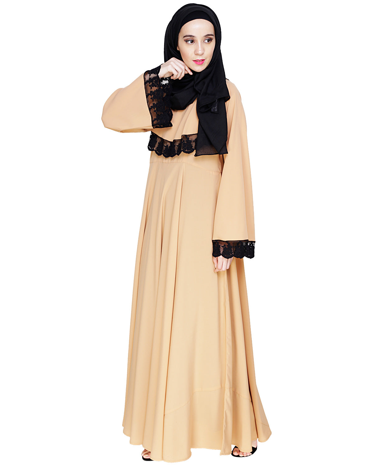 Flouncy Laced Abaya Dark Beige