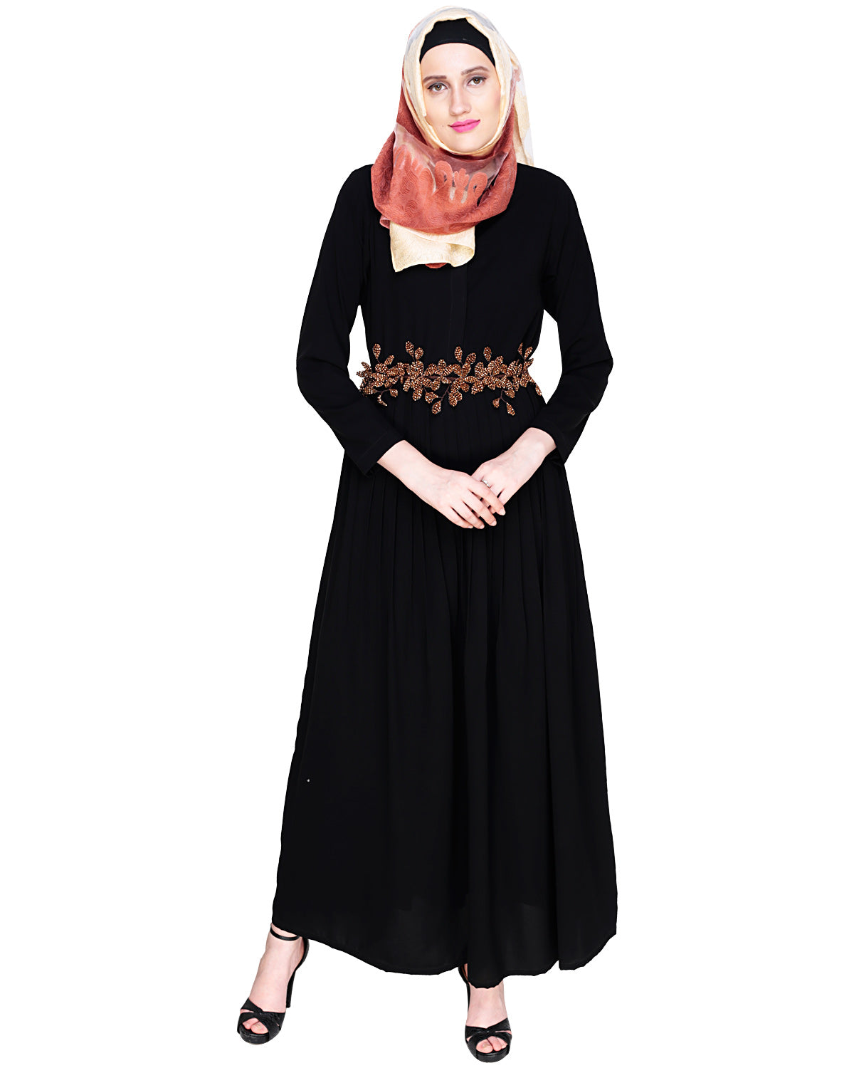 Majestic Floral Dubai Style Belt Abaya Brown