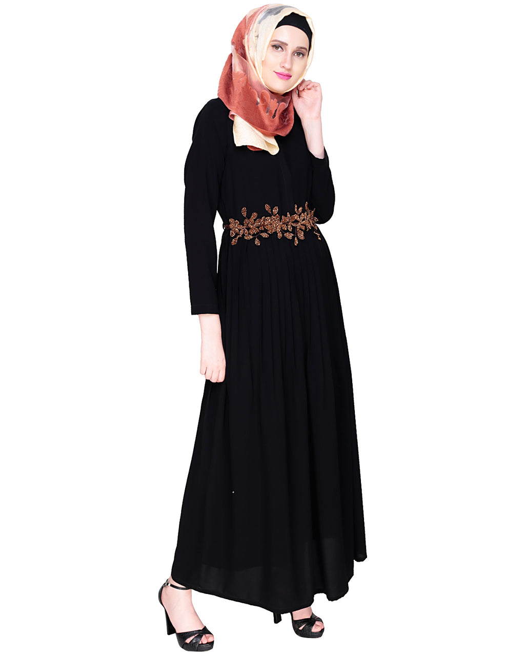 Majestic Floral Dubai Style Belt Abaya Brown