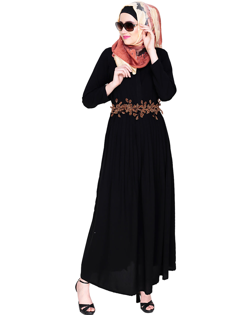 Majestic Floral Dubai Style Belt Abaya Brown