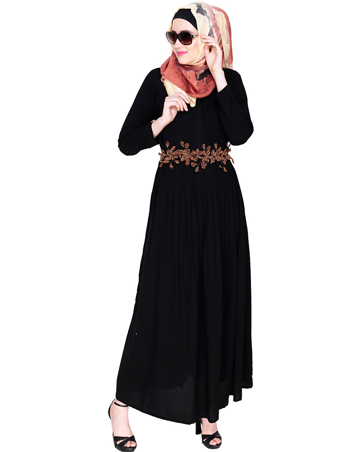 Majestic Floral Dubai Style Belt Abaya Brown